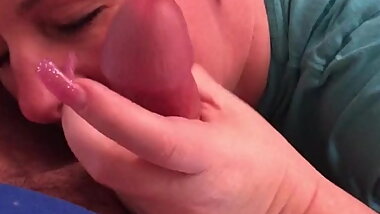 BBW big tit MILF sucks dick and gets cum on her face