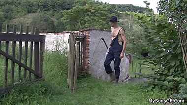 Old man eats teen girl pussy in the fields